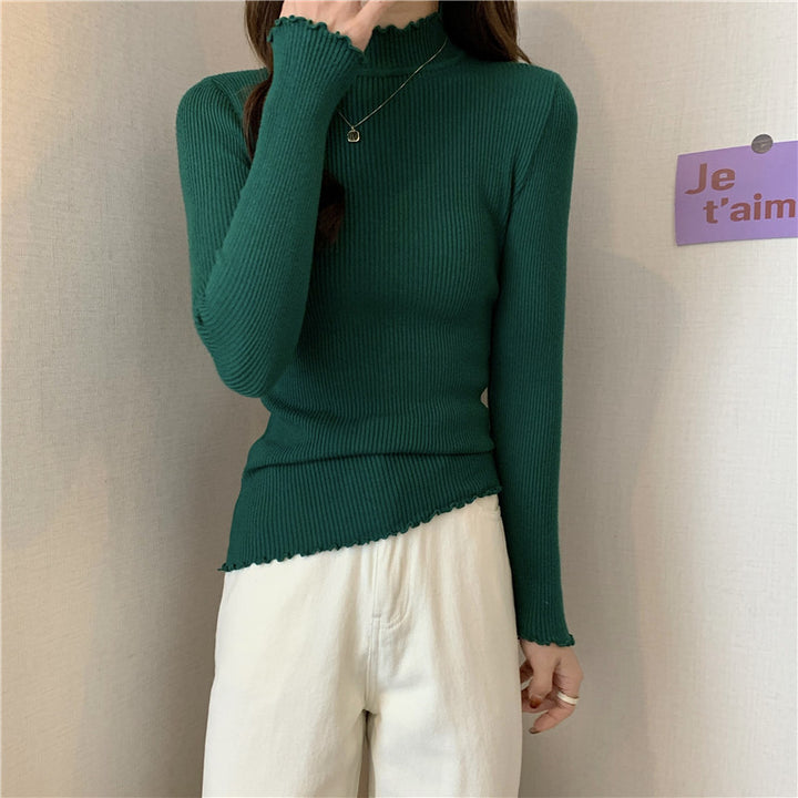Dark Green Scalloped Hem High Neck Top