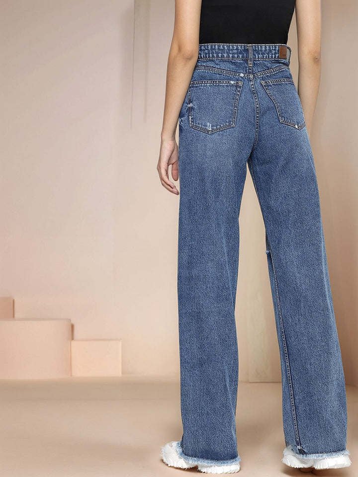 Blue High Waist Distress Effect Wide Leg Jeans