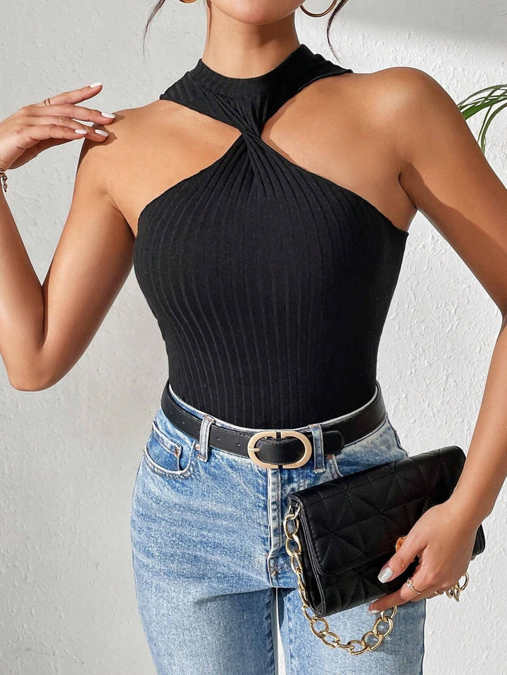 Black Halter Neck Knit Top