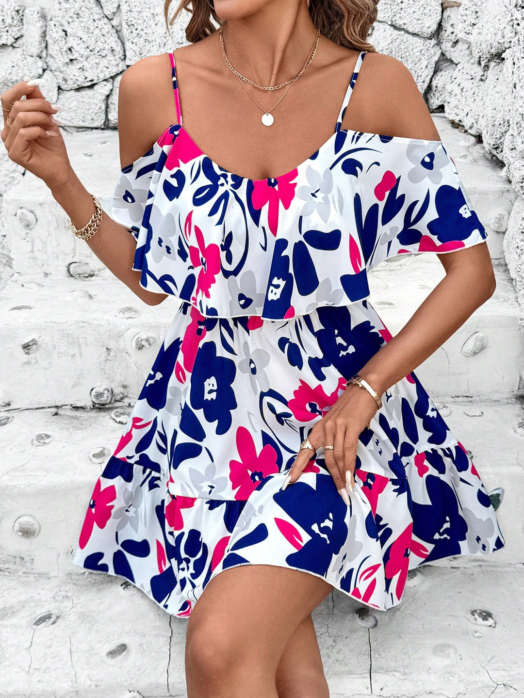 Multi Printed Cold Shoulder Strappy Dress