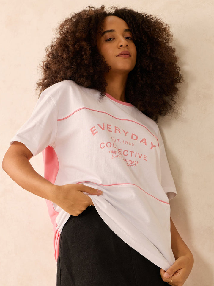 Pink Oversized T-Shirt With Graphic And Cut & Sew Highlights