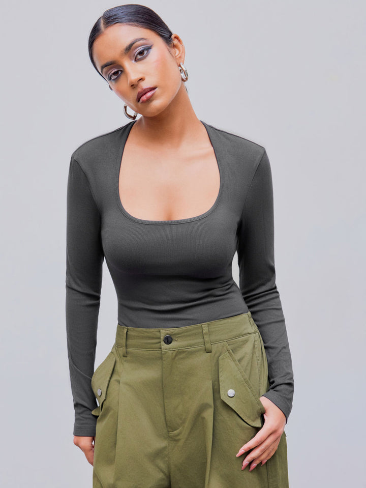 Grey Full Sleeved Scoop Neck Bodysuit