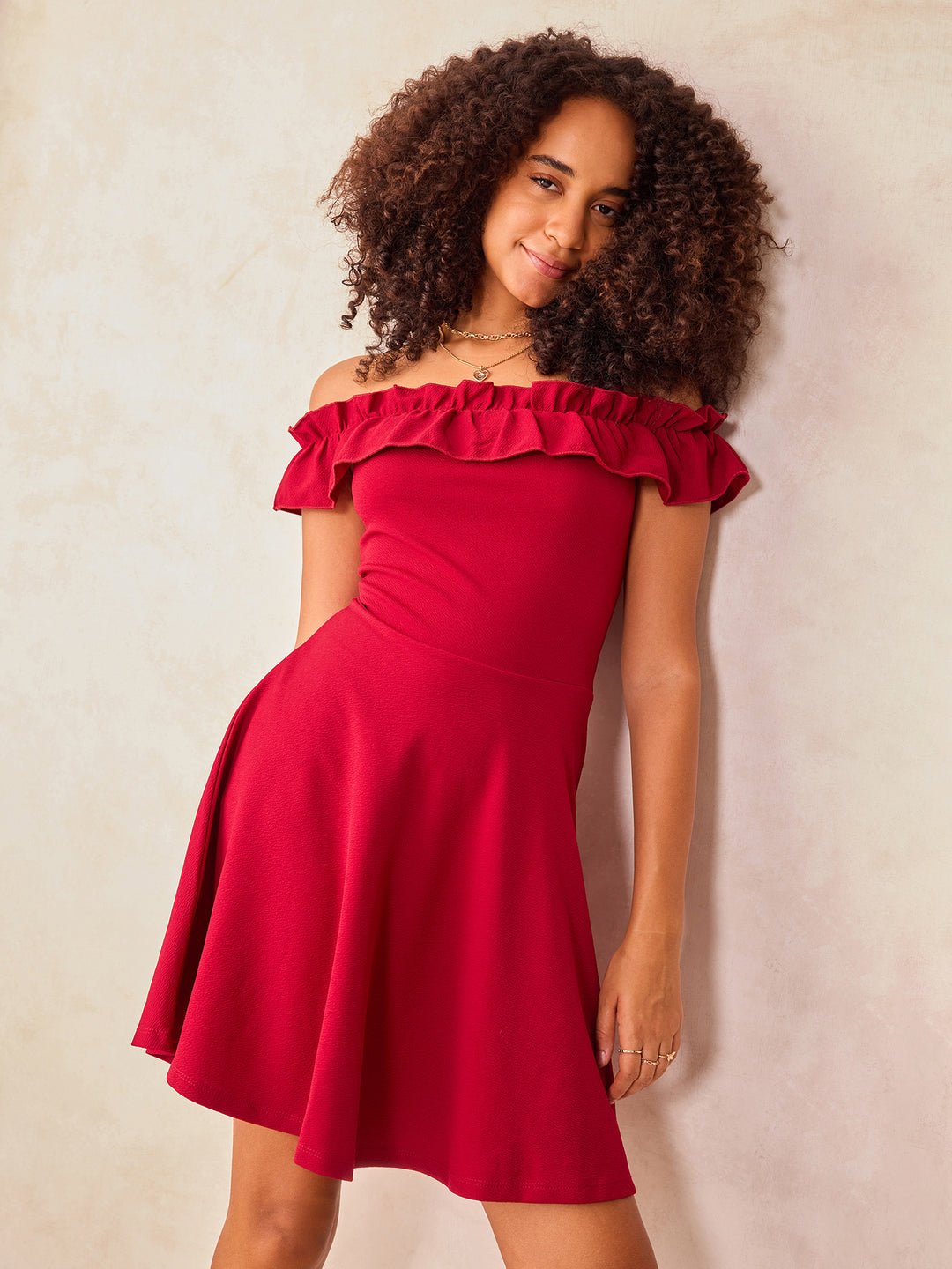 Wine Off-Shoulder Frilled Skater Dress