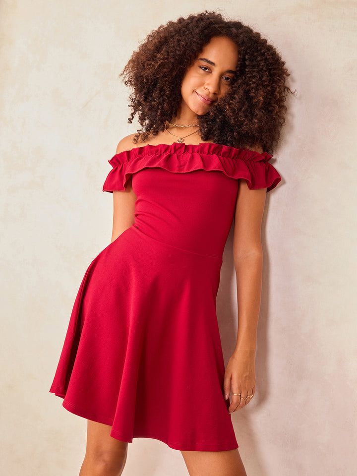 Wine Off-Shoulder Frilled Skater Dress