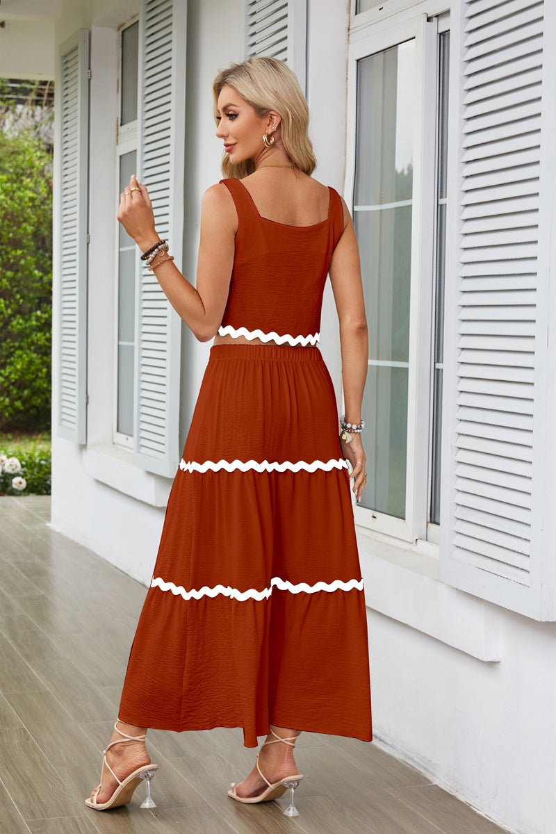 Rust Contrast Tipping Top And Skirt Co-Ord Set