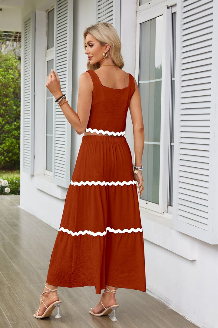Rust Contrast Tipping Top And Skirt Co-Ord Set
