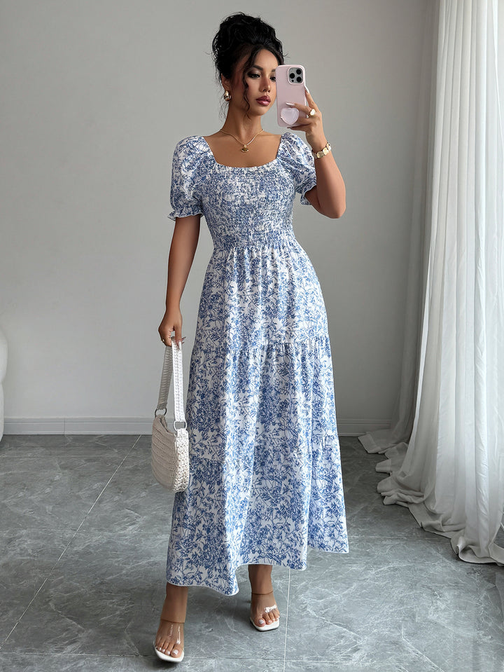 Blue Printed Round Neck Dress