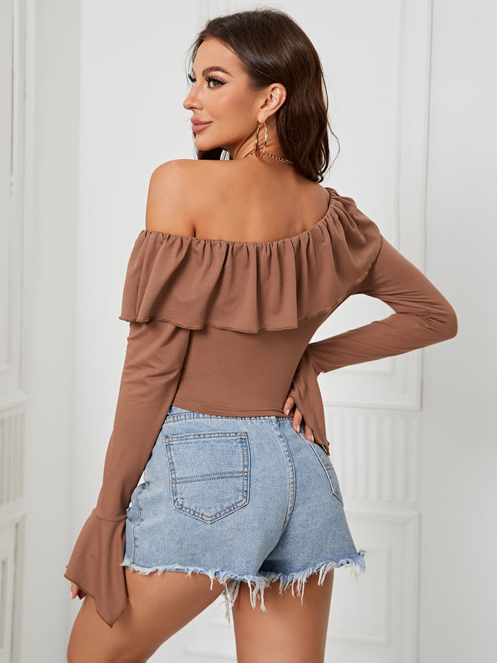 Brown Flounce Sleeve Off Shoulder Top