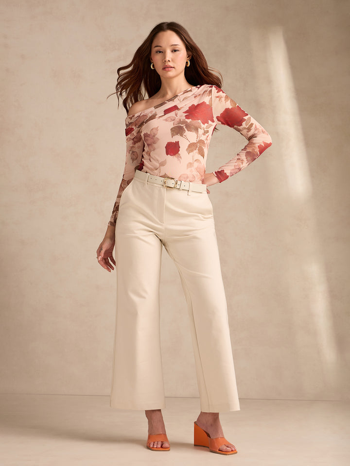 Beige Off-Shoulder Floral Mesh Top