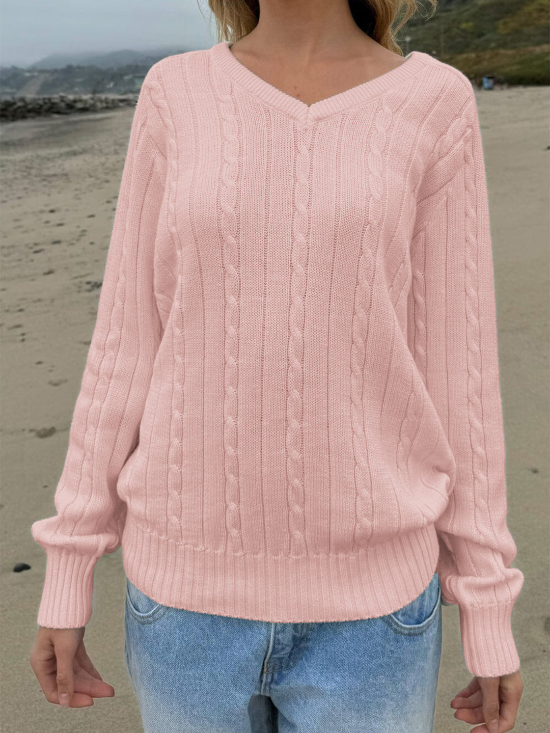 Pink Soft Ribbed V-Neck Sweater With Long Sleeves