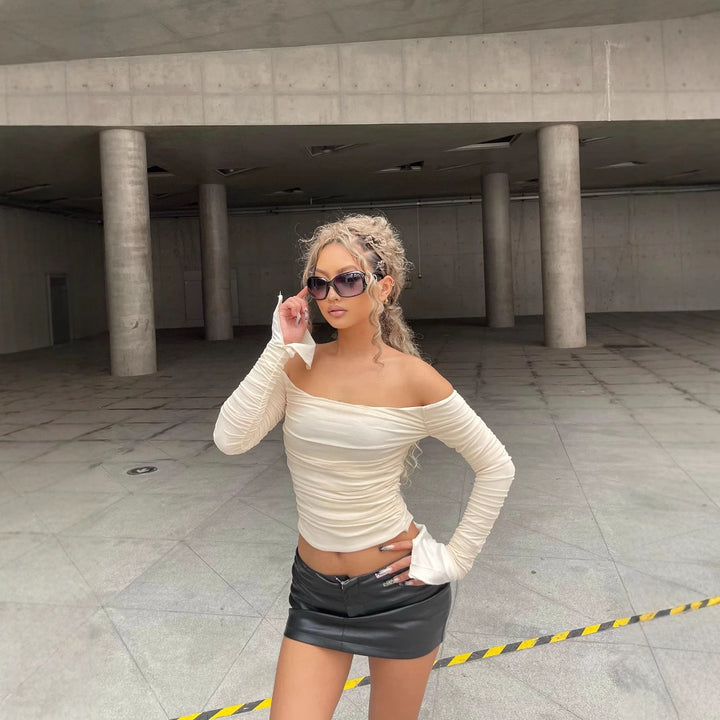 Beige Off Shoulder Crop Top