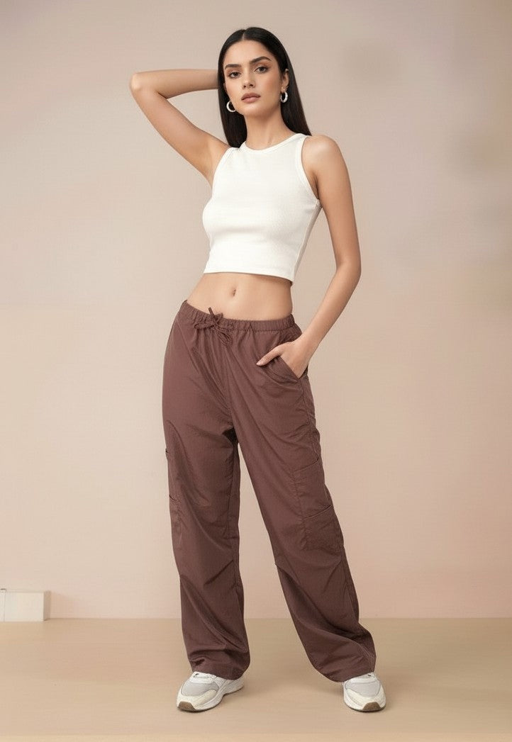 Brown Cargo Pockets Drawstring Wid Leg Trouser