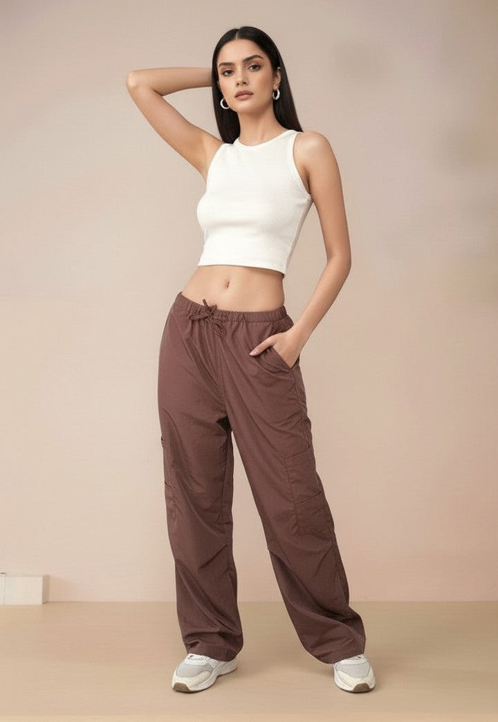 Brown Cargo Pockets Drawstring Wid Leg Trouser