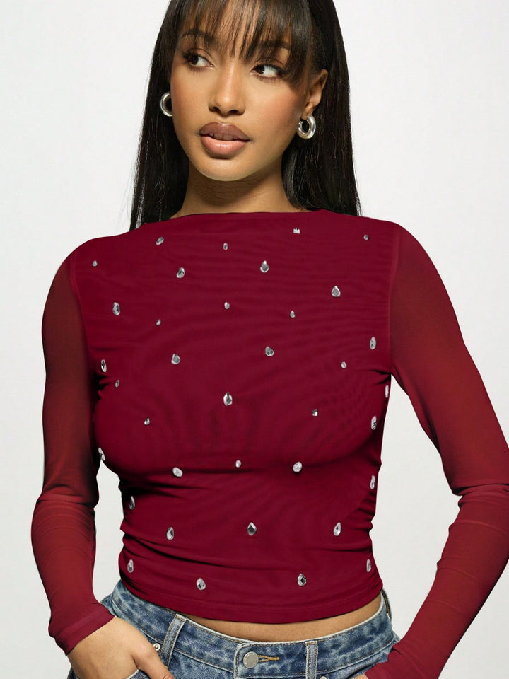 Maroon Full Sleeve Boat Neck Studded Top