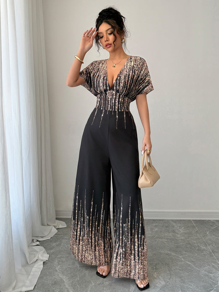 Black Shimmer Plunge Neck Jumpsuit