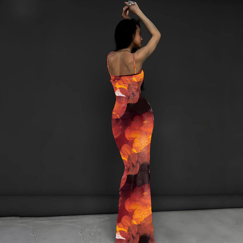 Red Spaghetti Strap Printed Bodycon Dress