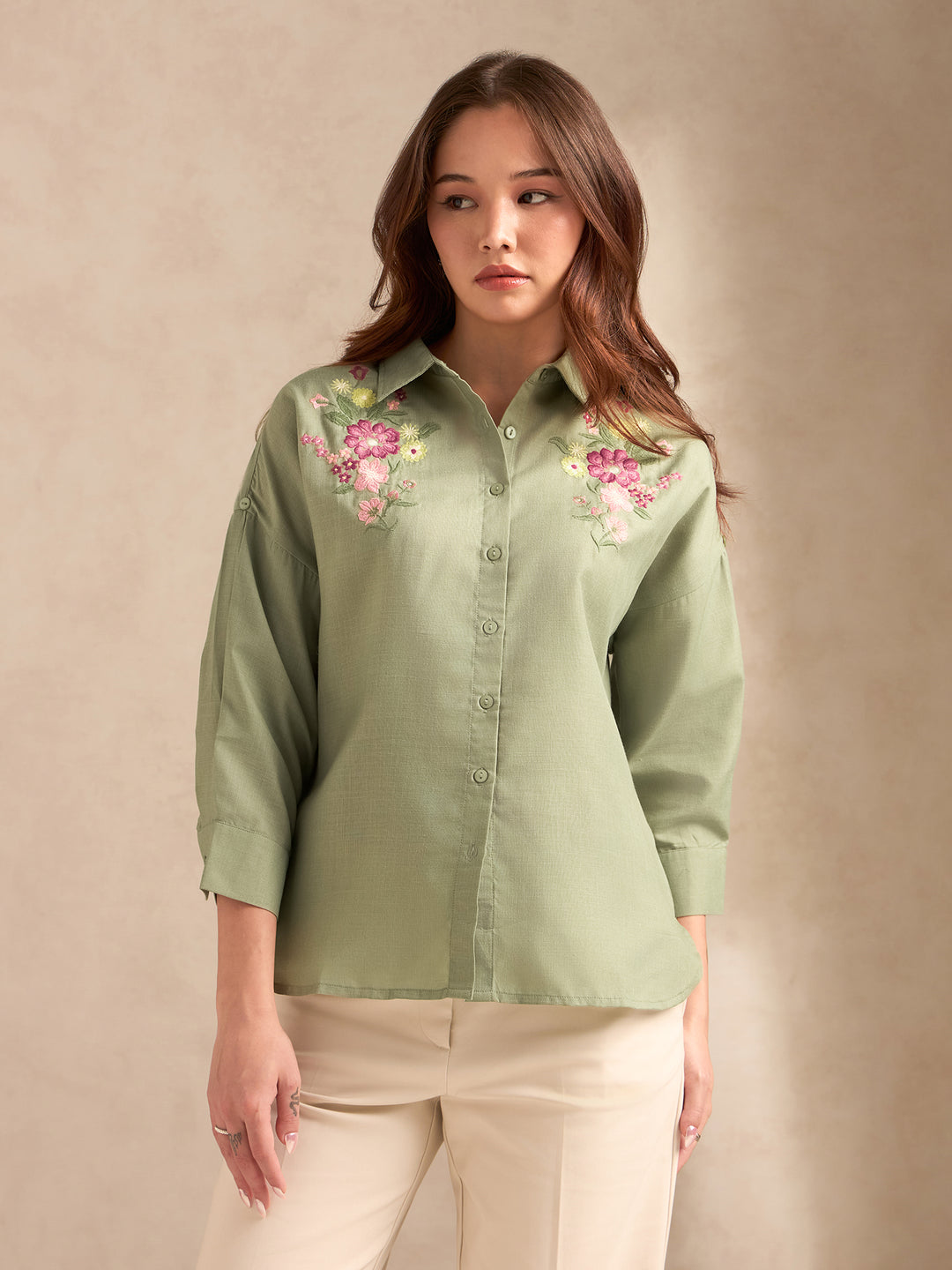 Green Floral Embroidered Shirt With Drop Shoulder