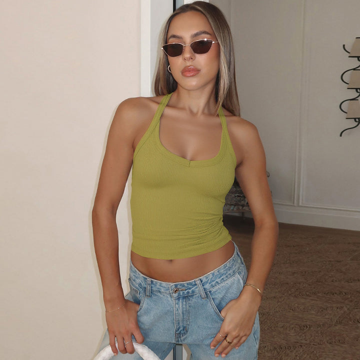 Green Halter Neck Ribbed Tank Top