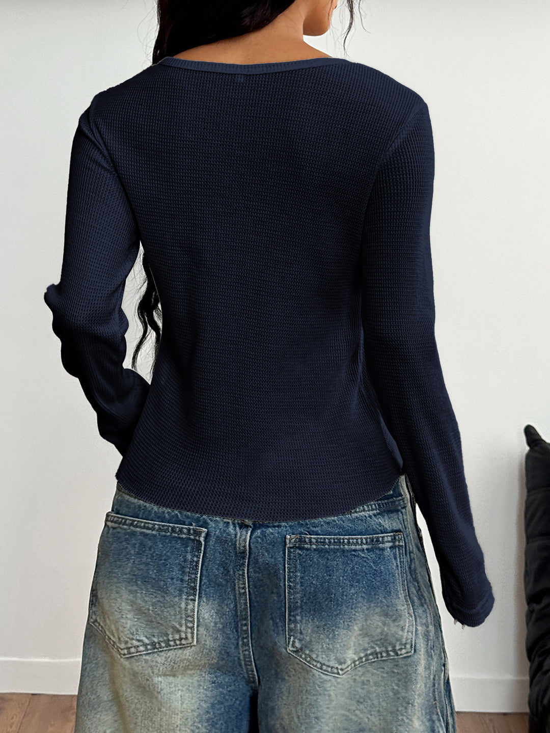 Blue Textured Button Down Top