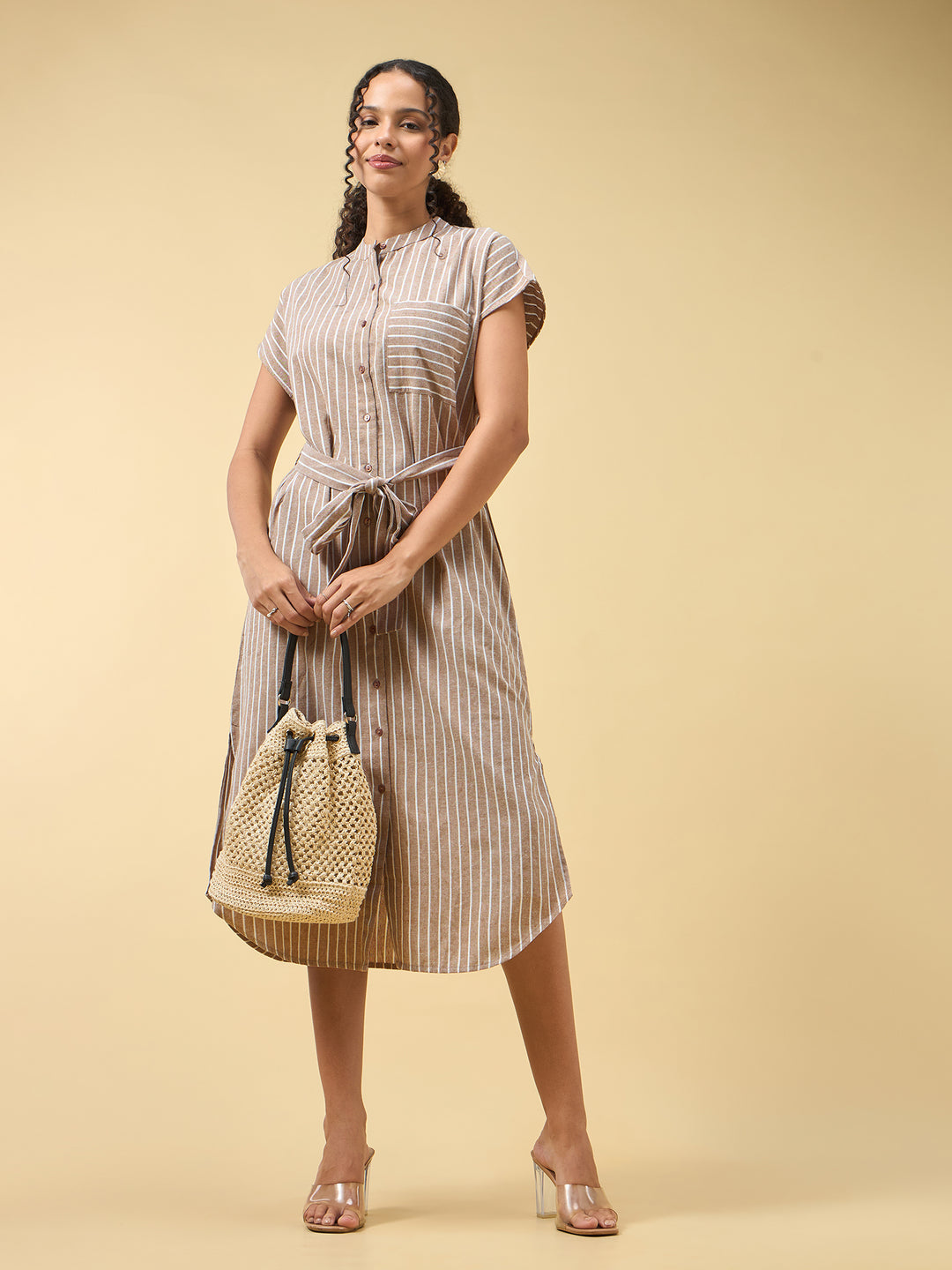 Beige Shirt Dress With Side Slits