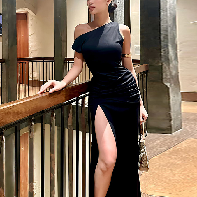 Black Off-Shoulder Side Slit Dress