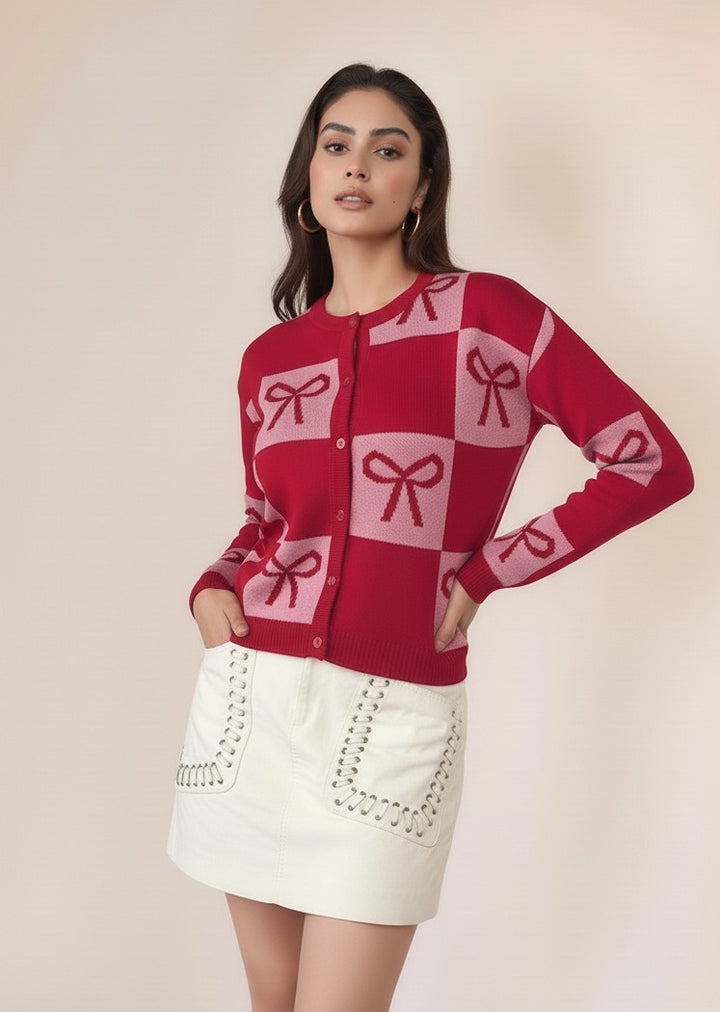 Red Colour Blocked Check With Graphic Bows Cardigan