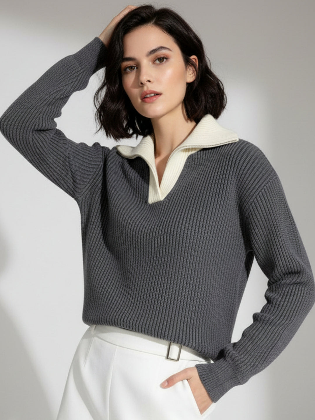 Grey Full Sleeve Contrast Collar Sweater