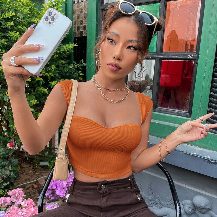 Orange Strap Shoulder Sweetheart Neck Top
