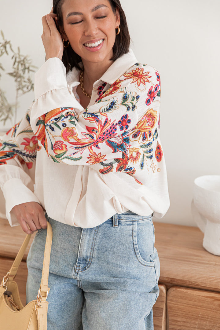 White Full Sleeve Embroidered Collared Top
