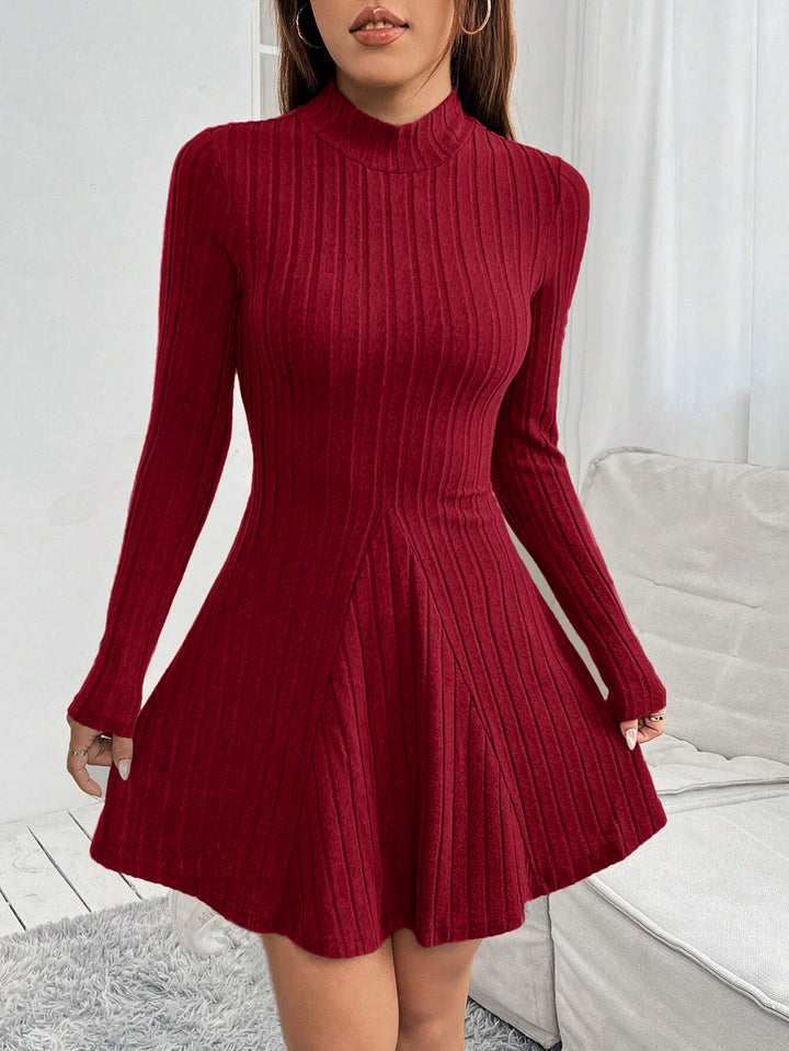 Burgundy High Neck Wide Spaced Rib Dress