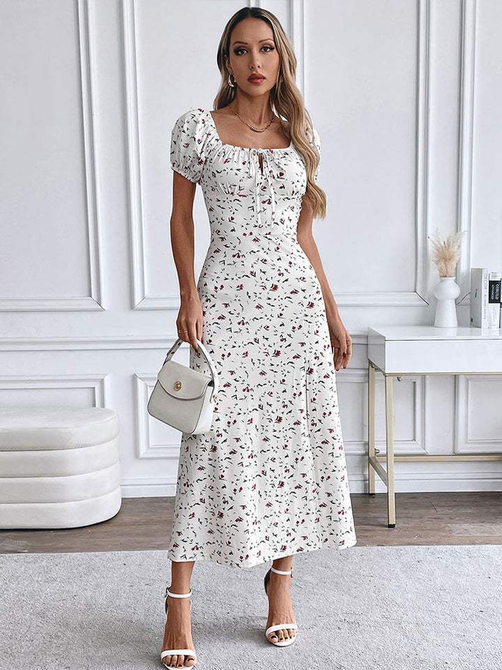 White Floral Print Front Slit Maxi Dress