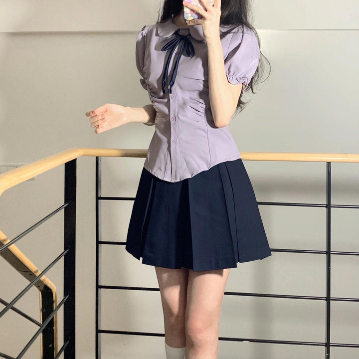 Grey Fitted Shirt With Puff Sleeves