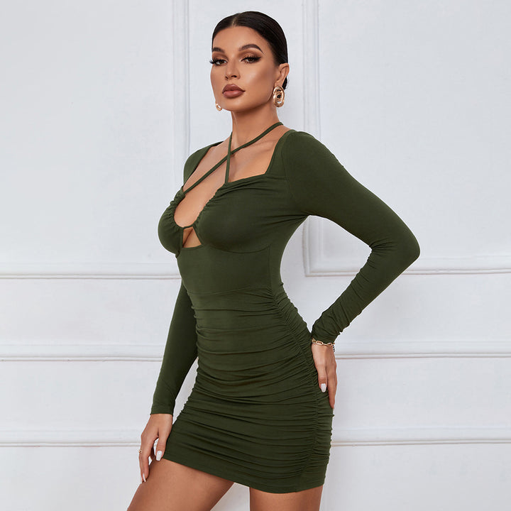 Green Full Sleeve Halter Neck Dress