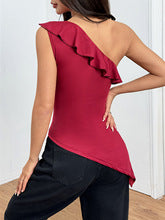 Wine One Shoulder Ruffle Hem Asymmetrical Top