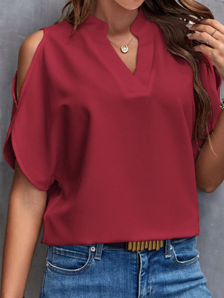 Red Mandarin Collar Cold Shoulder Top