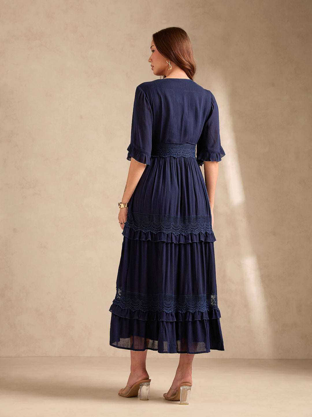 Navy Blue V Neck Mesh Detail Dress