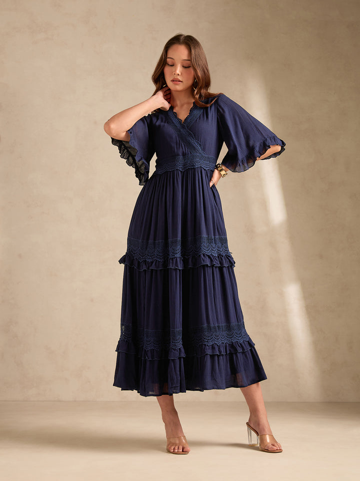 Navy Blue V Neck Mesh Detail Dress