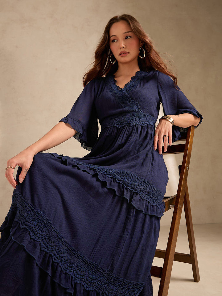 Navy Blue V Neck Mesh Detail Dress