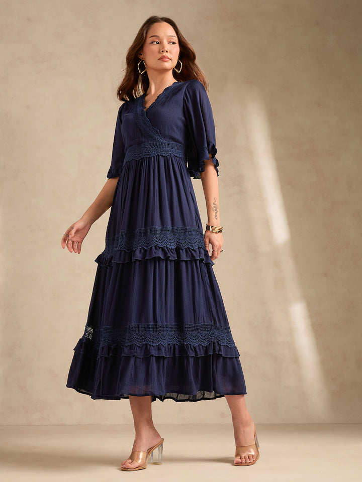 Navy Blue V Neck Mesh Detail Dress