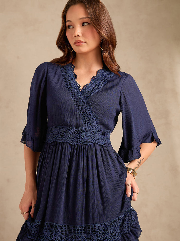 Navy Blue V Neck Mesh Detail Dress