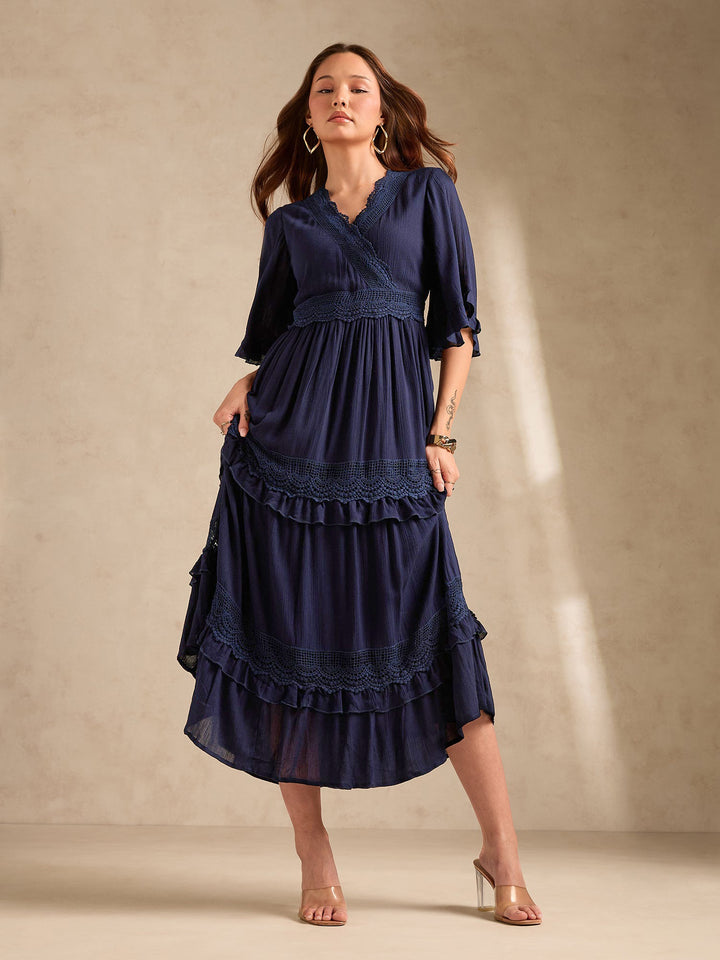 Navy Blue V Neck Mesh Detail Dress