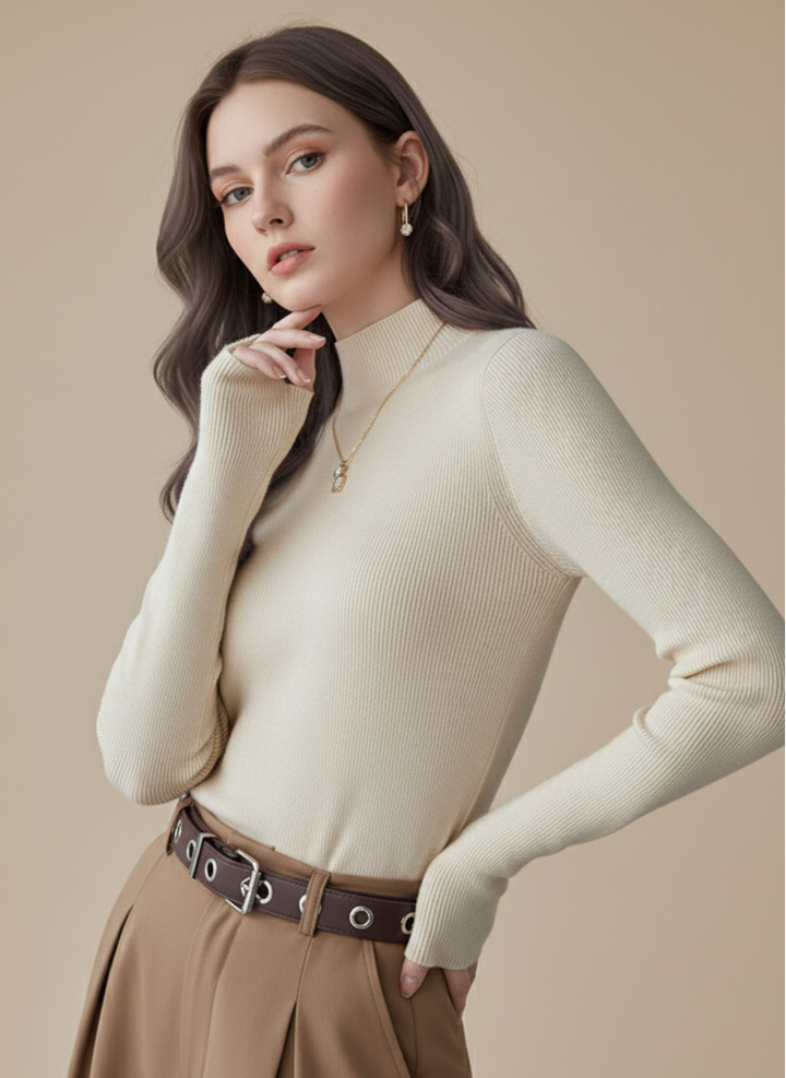 Off White Full Sleeve Mock Neck Fitted Sweater