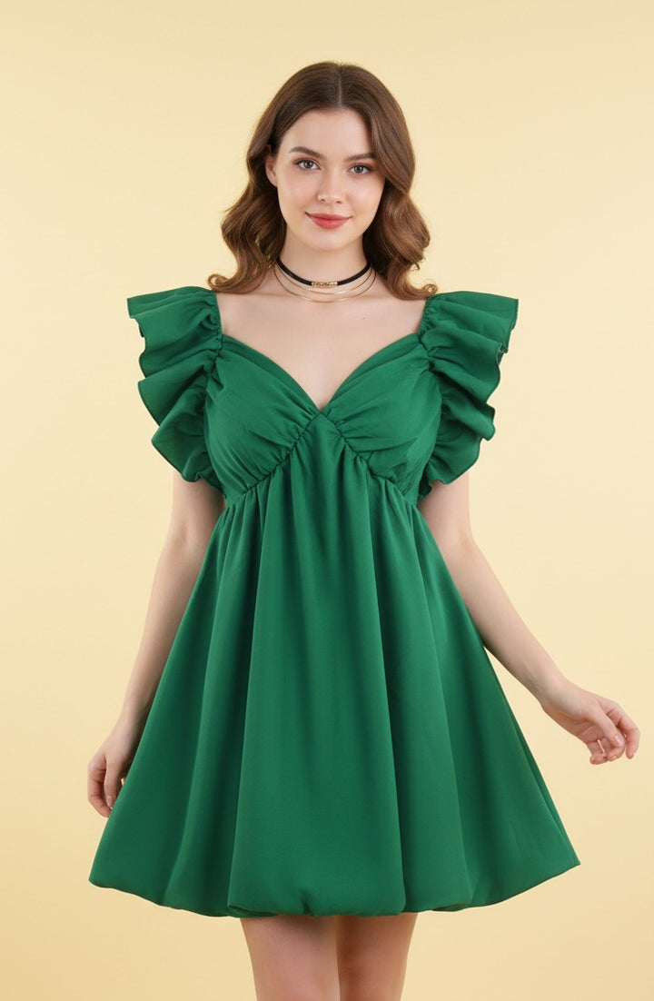 Green Ruffle Sleeve Back Tie-up Dress