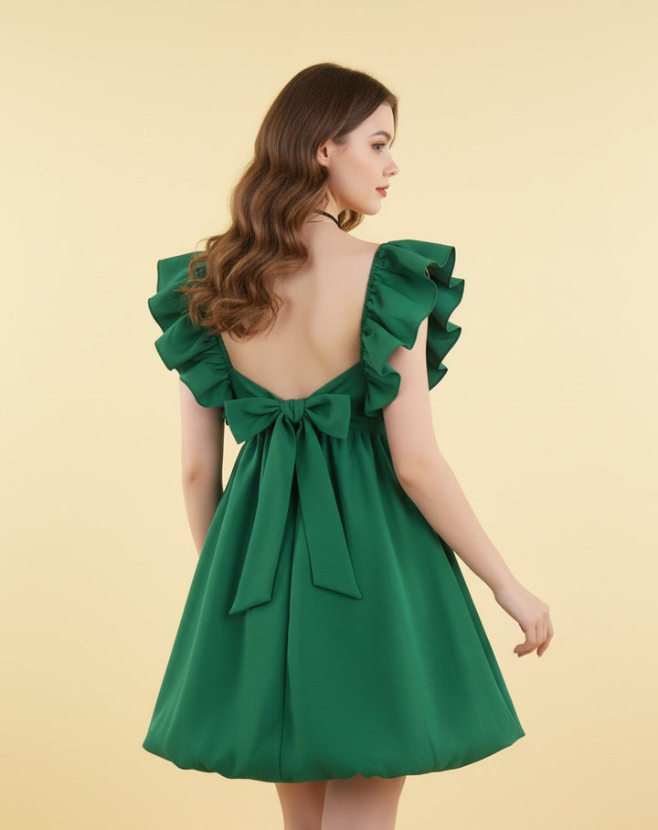 Green Ruffle Sleeve Back Tie-up Dress
