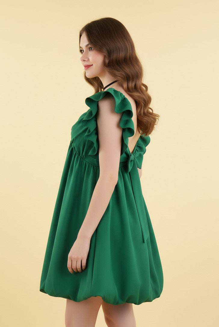 Green Ruffle Sleeve Back Tie-up Dress