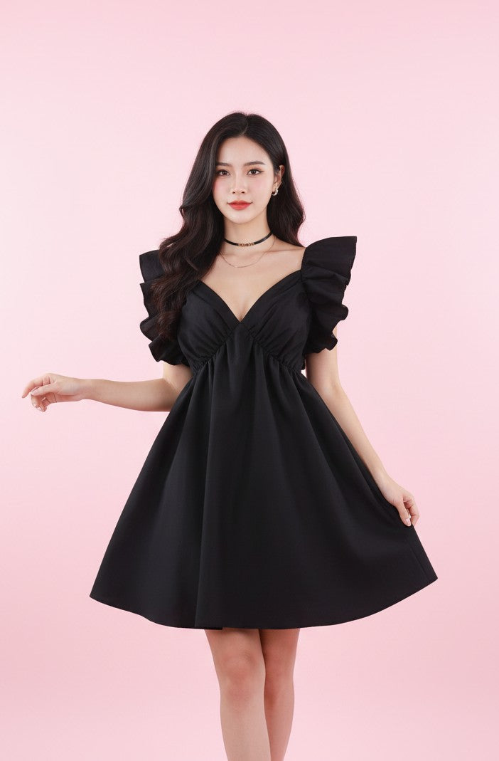 Black Ruffle Sleeve Back Tie-up Dress