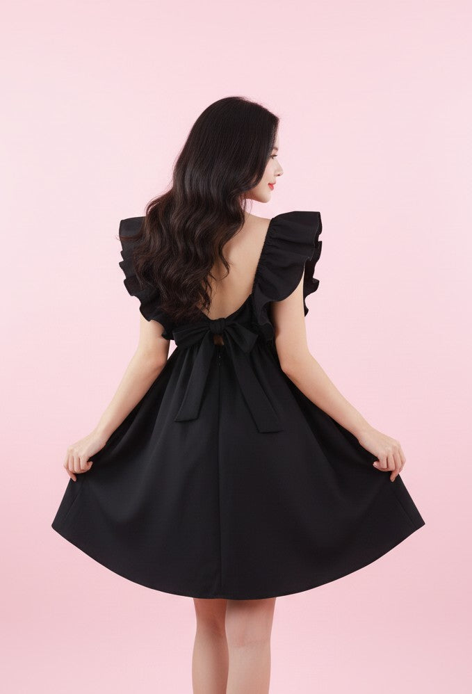 Black Ruffle Sleeve Back Tie-up Dress