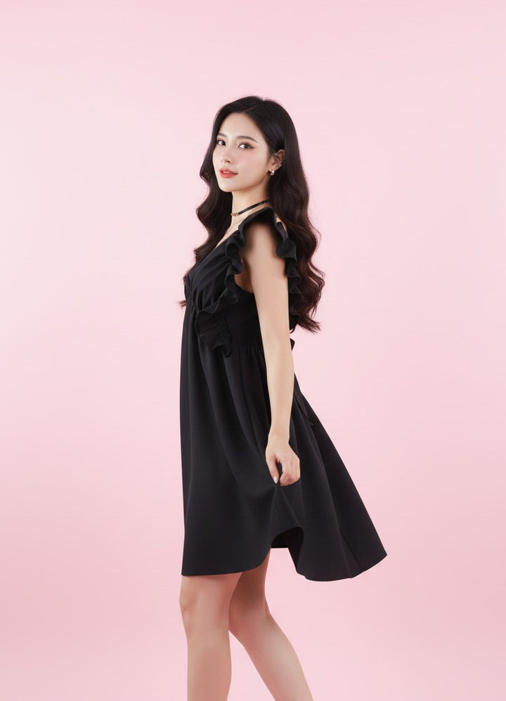 Black Ruffle Sleeve Back Tie-up Dress