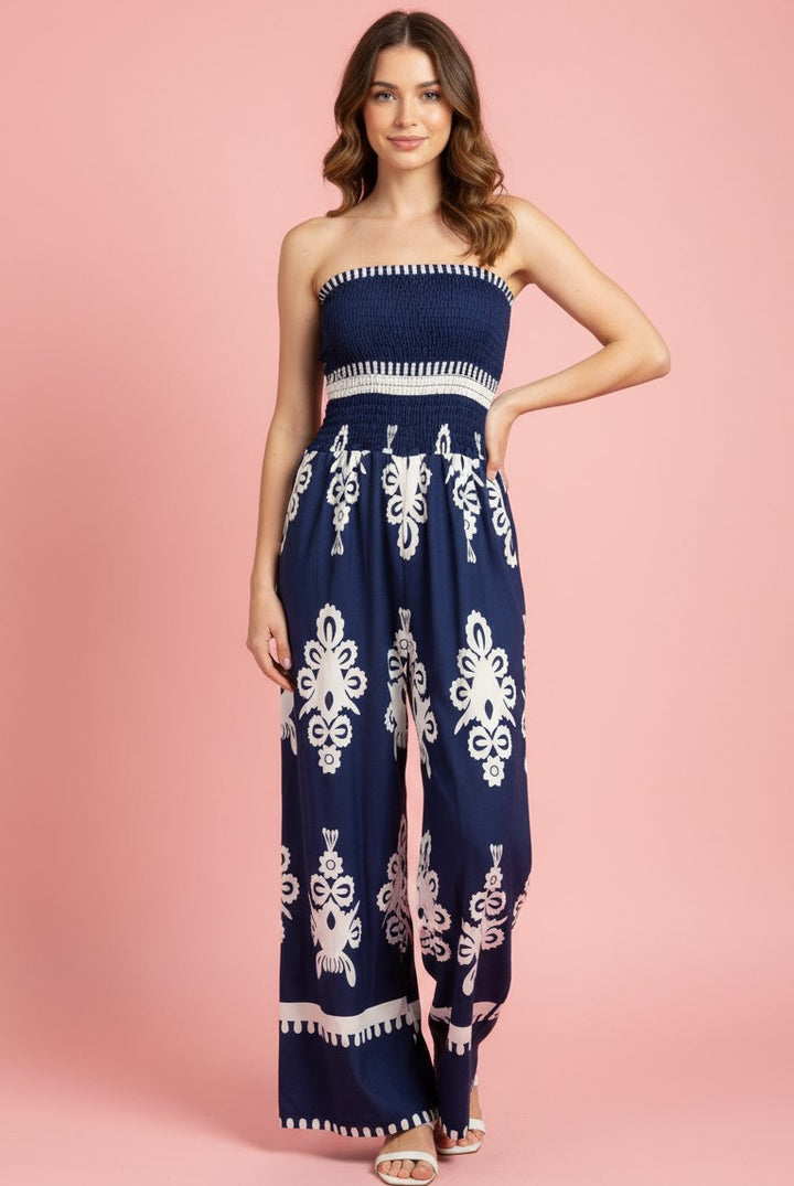 Blue Abstract Print Strapless  Jumpsuits