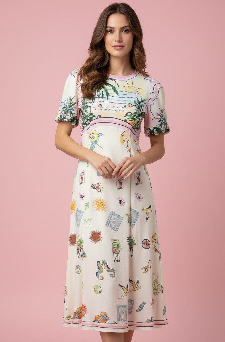 White Puff Sleeve Abstract Print Dress